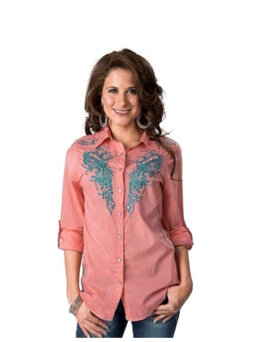 Roar Western Embroidered Coral Button-Up Shirt
